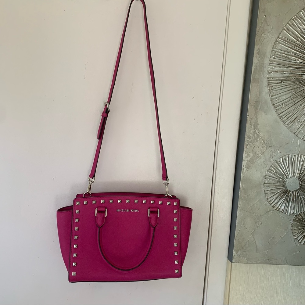 Michael Kors Fuchsia Pink Leather Medium Size Studded Satchel - Picture 10 of 12